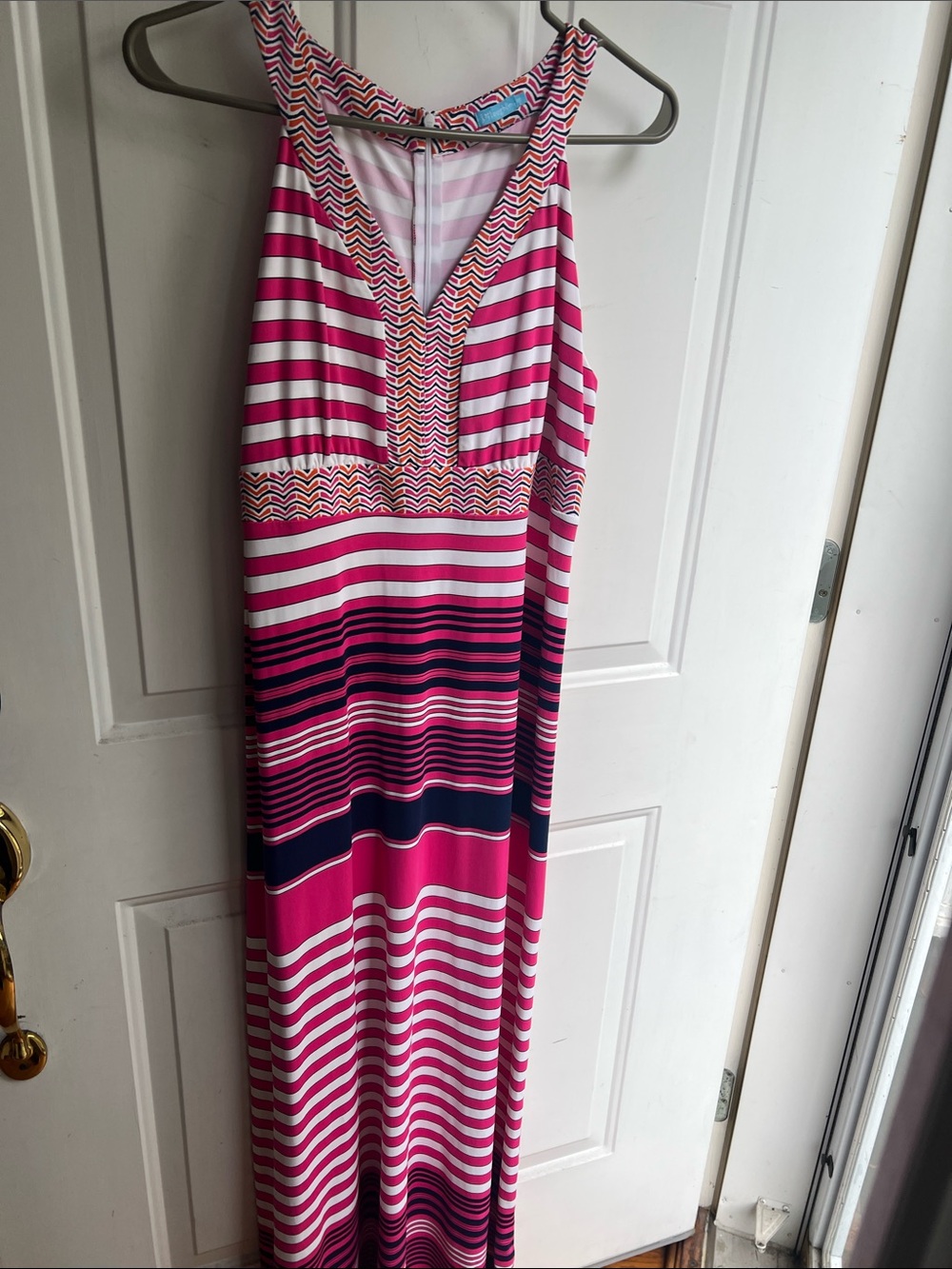 Striped Pink and Navy Maxi Dress - Sleeveless V-Neck. stretchy comfy!